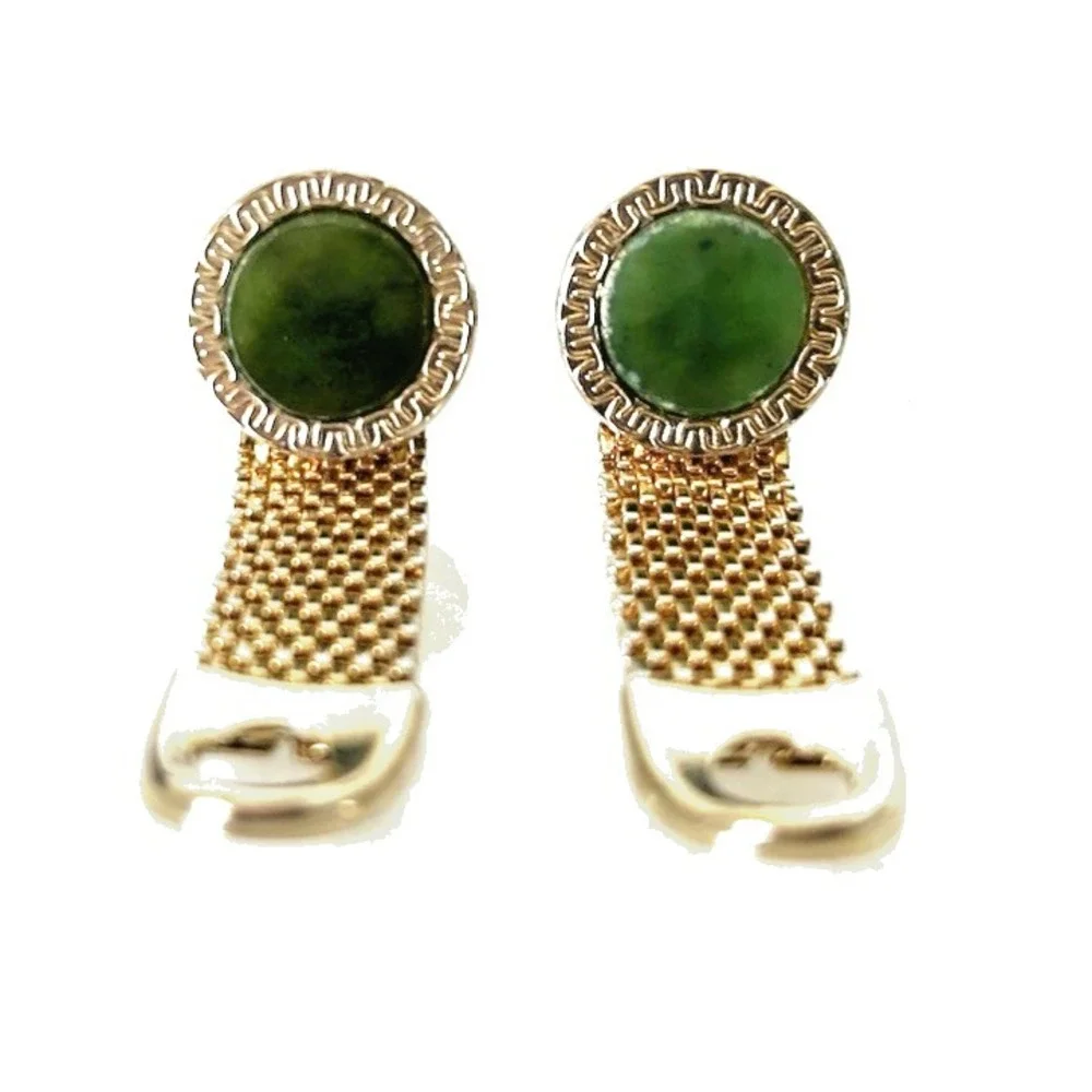 Vintage 60s Gold-Tone Cufflinks Green Stone Metal Mesh Wrap VGUC